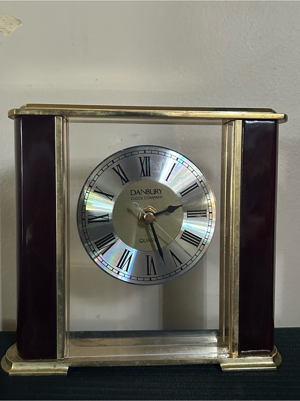 Danbury Clock Company Gold Glass Mantel Clock Roman Numerals Quartz